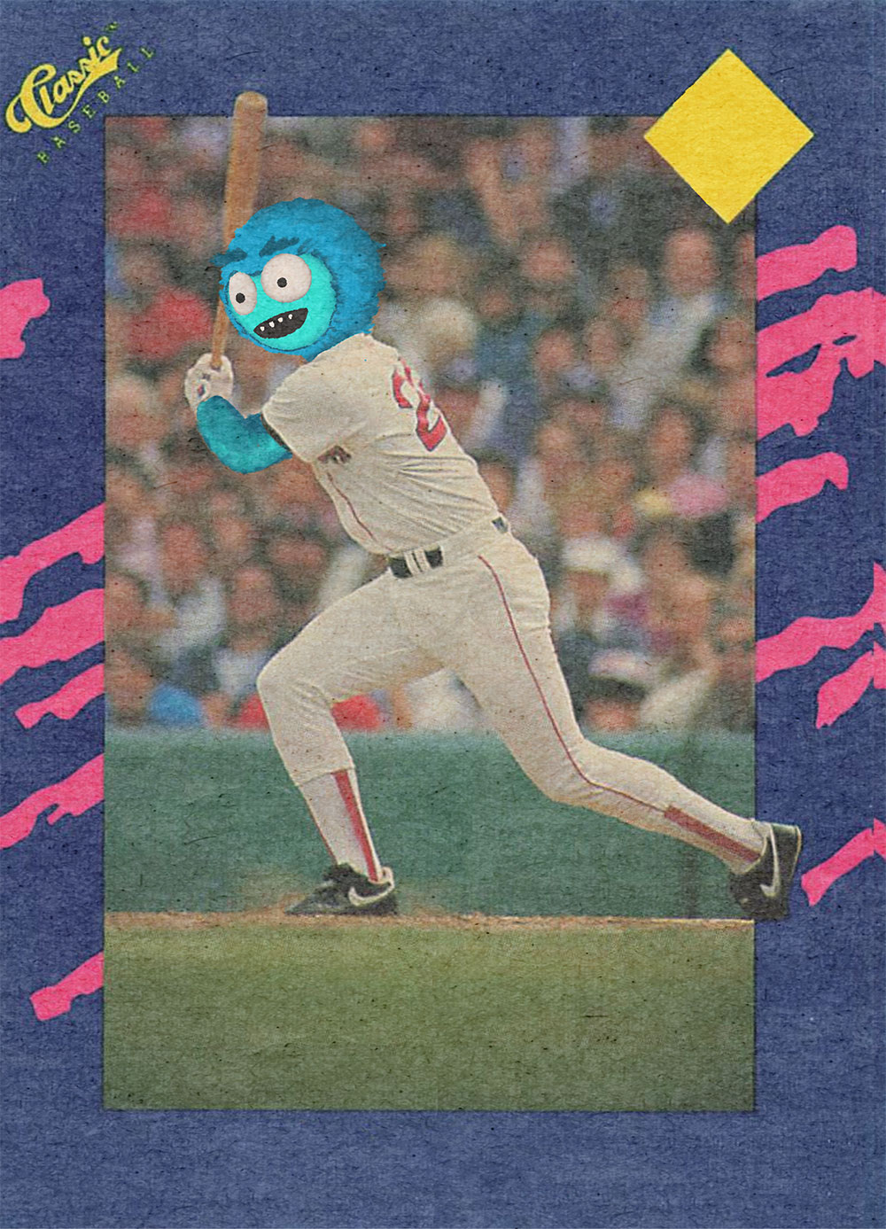 Baseball card showing a blue monster batting.